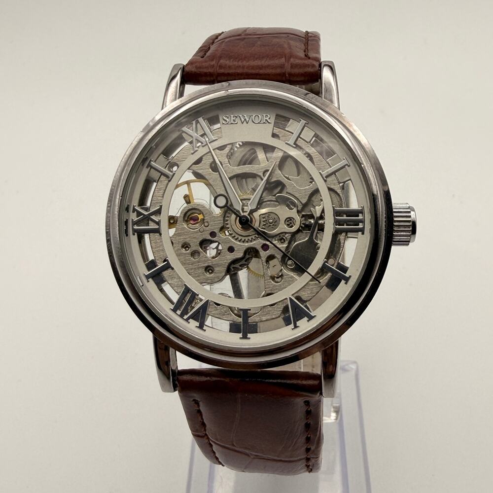SEWOR Men's Mechanical Skeleton Vintage Silver Watch Working New Battery